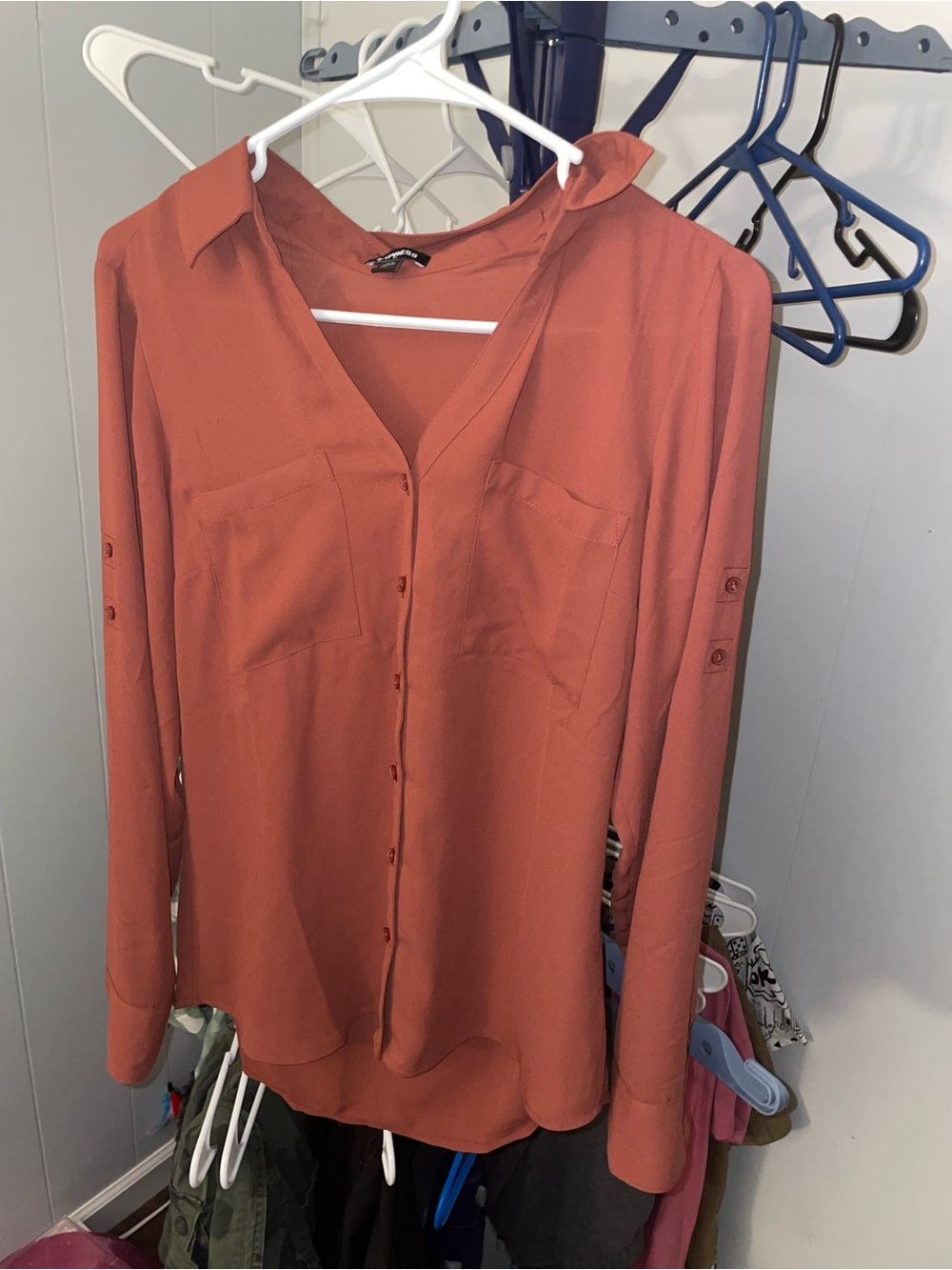Express Rust Button-Front Long Sleeve Blouse